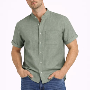 Camisa de Hombre con Cuello Mao en Mezcla de Lino Verde Salvia – Manga Corta, Casual, Veraniega, con Botones y Bolsillo en el Pecho, Ligera - Product Image 1