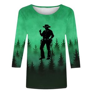 T-shirt décontracté en tricot pour femme grande taille, style western cowboy, col rond, manches 3/4, boutons, épaules tombantes, de Bangladesh Apparel - Product Image 1
