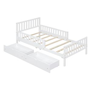 Letto a piattaforma in legno bianco per bambini, misura twin, con sponde su entrambi i lati e due cassetti contenitore - Product Image 3