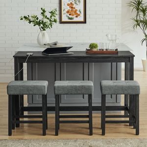 Mesa de Bar con Tomacorrientes de 59 Pulgadas, 3 Taburetes Tapizados, Juego de Mesa y Sillas de Comedor de 4 Piezas para Sala de Estar, Muebles para Oficina en Casa - Product Image 5