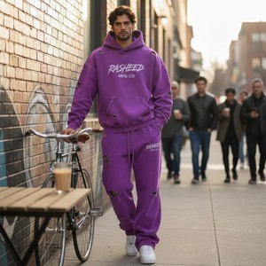 Conjunto de Sudadera con Capucha para Hombre, Estilo Vintage, Diseño Personalizado OEM, Impresión Digital, 2 Piezas, 400 GSM, Tejido Grueso, Color Morado Desgastado - Product Image 6