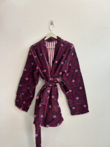Robe kimono en velours à imprimé géométrique pour femme, manches longues, fermeture à ceinture, design automnal - Product Image 1
