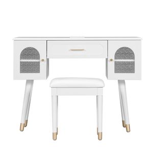 Modern Elegant White <b>Vanity</b> Makeup Table and Chair Set Modern Dressing Table with Organizer Writing <b>Desk</b> Charging Port - Product Image 4