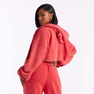 Women's Gray Hooded Crop Sweatshirt Full Sleeve Oversized 100% Cotton <b>Fleece</b> <b>Zipper</b> Front Autumn Wear - Product Image 3