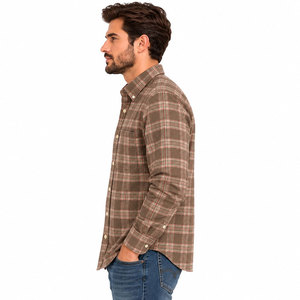 Camisa de franela a cuadros marrón para hombre, manga larga, con botones, informal, con bolsillo en el pecho - Product Image 5