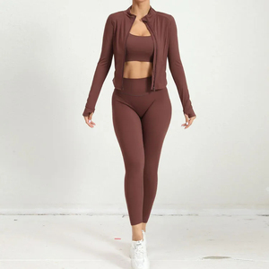 Trendy 3PCS Yoga Tracksuit Women Breathable Sportswear Set Gym Bra Leggings and Athletic Jacket Spandex/Nylon Eco-Friendly - Product Image 5