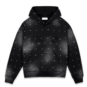 เสื้อฮู้ดดี้ผู้ชายสไตล์วินเทจสีดำซีดประดับเพชรเทียม ทรงหลวมไหล่ตก ขายส่ง - Product Image 1