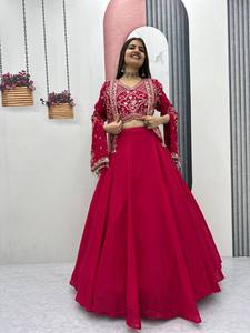 <b>Red</b> Embroidered Modern <b>Lehenga</b> Choli Net Fabric Traditional Indian Wedding Party Graduation V Neck Festive Dress Set - Product Image 3