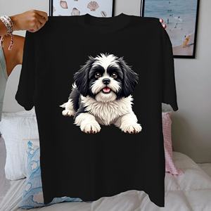 Shih Tzu Dog Illustration Casual Print Comfort Fit 100% algodón Camiseta de mujer Tela de punto - Product Image 2