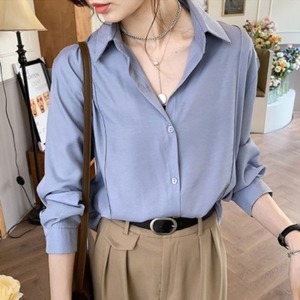 เสื้อเชิ้ตแขนยาวผู้หญิง คอปกพับได้ สีพื้น สไตล์ลำลอง ติดกระดุม สำหรับฤดูใบไม้ผลิและฤดูใบไม้ร่วง เหมาะสำหรับใส่ทำงานหรือใส่ลำลอง - Product Image 5