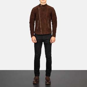 Fashion <b>Men's</b> <b>Brown</b> <b>Suede</b> Moto <b>Jacket</b> Slim Fit Zipper Closure Turn-down Collar Regular Sleeve Autumn Style Trend - Product Image 5