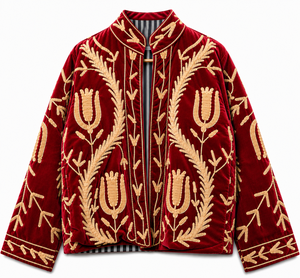 Purple <b>Velvet</b> Woven Embroidered Autumn/Winter/Spring <b>Jacket</b> Stand Collar Zipper <b>Women</b> Outerwear Floral Pattern Polyester/Cotton - Product Image 4