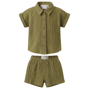 <b>Cot</b> & Candy Organic Muslin Jhabla <b>Set</b> Oversized Knitted Shirt with Shorts for Summer for 0-6 Months Baby Olive Color - Product Image 1