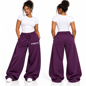 Women's Black Wide Leg Customized Fleece Cargo Pants Mid <b>Waist</b> <b>Elastic</b> Drawstring Regular Fit Full Length Streetwear <b>Trouser</b> - Product Image 4