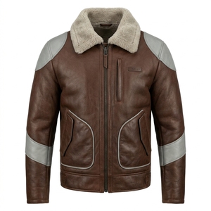 <b>Mens</b> Real Brown Grey Leather <b>Jacket</b> Shearling <b>Fur</b> Collar Contrast Shoulder Panel Quilted Flight Pilot Aviator Winter Outerwear - Product Image 1
