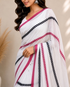 Sari en coton blanc avec bordure rose et noire, tenue traditionnelle indienne pour femme, longueur standard, style Bollywood, sans plis, décontracté - Product Image 3