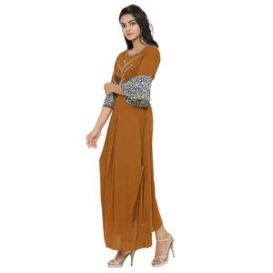 Women's Brown Cotton Blend Embroidered A-Line Kurta Bell Sleeves Neck Summer Ethnic Casual Wear Customized Logo Recycled - Product Image 4