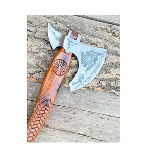 Hacha de doble hoja THEWIZ CRAFTS, cabeza de acero forjado, mango de madera con diseño tallado, estilo tomahawk, hacha de camping, hoja de 3 5/8 pulgadas, 3 años de garantía - Product Image 2