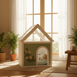 Maison pour chat d'intérieur moderne en cèdre avec motif floral et toit en acrylique transparent blanc menthe pour petits chats et chiens - Product Image 2