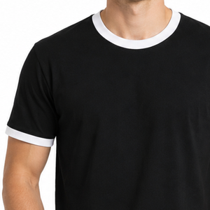 Camiseta Ringer para Hombre con Logotipo Personalizado, Cuello Redondo Acanalado con Ribete en Contraste, Manga Corta, Color Negro Liso - Product Image 3