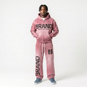 Men's <b>Pink</b> Hooded <b>Tracksuit</b> Full Zip Sweatshirt And Pants Set Winter Casual Wear With Brand Print And Side Pockets Flared Pant - Product Image 6