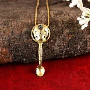 Pendentif cuillère plaqué or avec design de crâne, pierre d'onyx, style punk, collier unisexe en alliage, bijoux de mode - Product Image 1