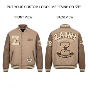 Chaqueta Varsity Premium de 500 GSM con Mezcla de Lana, Mangas de Cuero PU Color Bronceado, Ribete a Rayas, Aplique de Chenille, Logotipo Personalizado, Estilo Urbano - Product Image 1