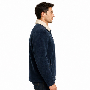 Custom <b>Mens</b> <b>Navy</b> Blue Sherpa Jacket Cream Turn Down Collar Full Zip <b>Fleece</b> Outerwear with Chest Zipper Pocket - Product Image 4