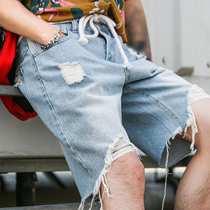 กางเกงยีนส์ขาสั้นสไตล์ไฮสตรีทสำหรับผู้ชาย ผ้าฝ้าย 100% ทอแบบไม่ทอ น้ำหนักเบา เหมาะสำหรับฤดูร้อน กิจกรรมกลางแจ้ง เอวสูง ซิปหน้า - Product Image 3