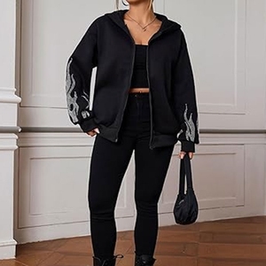 Sweat-shirt à capuche noir pour femme, manches longues, couleur unie, tricoté en polyester, coupe oversize, fermeture éclair sur le devant, imprimé flamme pailleté, style automne - Product Image 4