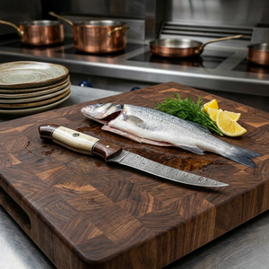 Handmade Fillet <b>knife</b> in Damascus <b>bone</b> <b>handle</b> with leather sheath - Product Image 5