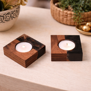 Porte-bougie carré en bois et résine – Design moderne – Utilisation domestique et décorative, idéal pour les fêtes de Noël, la décoration hivernale - Product Image 1
