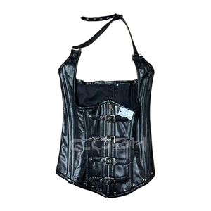 Top tipo corsé de piel sintética negra para mujer, talla grande, con cierre de cremallera y hebilla y tirantes para el cuello - Product Image 1