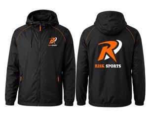 Veste d'hiver softshell noire à capuche, légère, imprimée, avec fermeture éclair sur le devant, unie avec surpiqûres contrastées, pour vêtements d'équipe sportive - Product Image 1