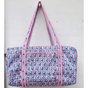 Blue Floral Hand Block Printed Cotton Sport Duffel <b>Bag</b> <b>Large</b> Capacity Zipper Closure Casual Travel Weekend for Striped Handles - Product Image 1