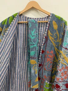 <b>Women</b> Boho Grey Velvet Suzani Long Jacket Embroidered With Floral Design Full Sleeve Kimono <b>Wrap</b> Winter <b>Coat</b> - Product Image 5