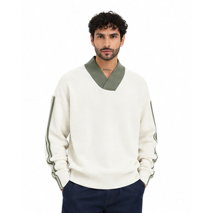 <b>Men's</b> White Knitted Sweater With Green V-Neck And Sleeve Stripes Regular Fit Full Sleeve Solid Color <b>Pullover</b> Autumn Wear - Product Image 3