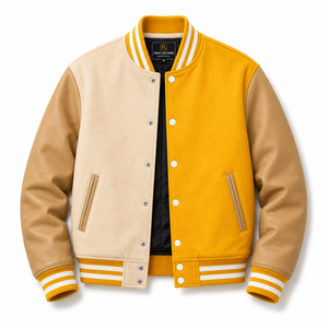 Handmade Yellow <b>Leather</b> <b>Men's</b> Varsity <b>Jacket</b> Windproof Breathable Winter Zipper Closure Casual Stand Collar - Product Image 1