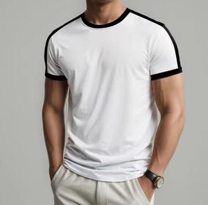 T-shirt à manches courtes pour homme, col rond, coupe classique, bordure contrastée sur le devant, tricot uni, vêtement décontracté, polyester écologique - Product Image 2