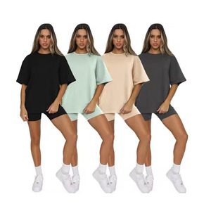 Ensemble streetwear 2 pièces de haute qualité pour femme, couleur unie, été, col rond, manches courtes, chemise oversize et short, imprimé uni. - Product Image 1