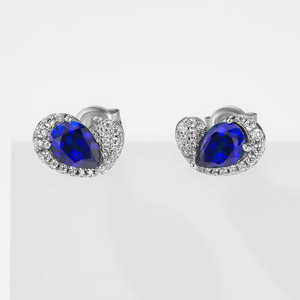 Boucles d'oreilles de luxe en argent 925 avec saphir taille poire et halo de diamants pour femme, bijoux de mariage plaqués rhodium - Product Image 3
