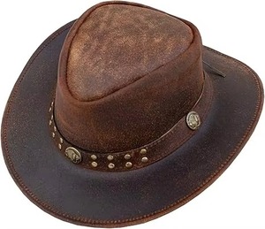 Chapeau de cowboy en cuir à large bord unisexe décontracté pour l'extérieur printemps automne adulte 56-58CM marron style broderie à la main - Product Image 4
