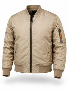 <b>Men's</b> <b>Khaki</b> Bomber Jacket Stand Collar Zipper Closure Casual Style Polyester Material Autumn Wear - Product Image 1