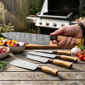 Ensemble de couteaux de cuisine multifonctionnels en acier damas, 5 pièces, faits à la main, design ambidextre, manches en bois, pour le camping en plein air - Product Image 2