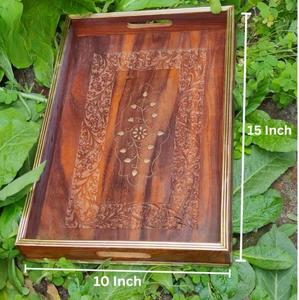 Hand Carved Wooden Serving <b>Tray</b> <b>with</b> <b>Handles</b> Sheesham Wood <b>Tea</b> <b>Tray</b> Decorative Coffee Table <b>Tray</b>, Wedding Gift Housewarming Gift - Product Image 4