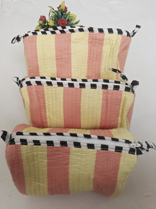 Yellow Orange Stipe Block Printed Eco-Friendly Durable Cotton Zipper <b>Makeup</b> <b>Case</b> Indian Travel Cosmetic Organizer Kit - Product Image 3