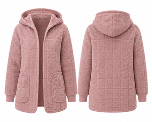 Manteau long en polaire à capuche pour femme, couleur unie, veste d'hiver décontractée avec poches, manches longues, design tricoté - Product Image 2