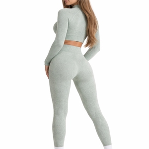 Ensemble de yoga pour femmes, manches longues, couleur unie, leggings taille haute, vêtements de sport pour la salle de sport, respirant, séchage rapide, tissu doux, confortable - Product Image 3