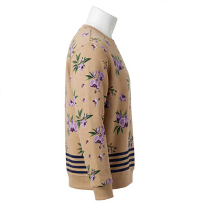 Sweat-shirt beige de haute qualité, personnalisé, respirant, imprimé floral orchidées violettes, avec bandes horizontales à l'ourlet marine, vêtement doux NEXTEX - Product Image 5