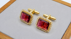 Boutons de manchette personnalisés en gros pour hommes, avec rubis de laboratoire, rectangulaires, pierres précieuses rouges, halo plaqué or, accessoires de chemise - Product Image 2